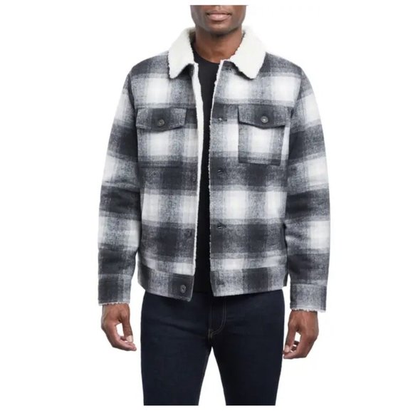 NWT Lucky Brand Mens Large Thanos Wool Plaid Jacket Trucker Shearling Collar New